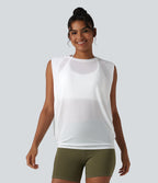 Sheer Mesh Round Neck Ruched Running Tank Top — White — view 3
