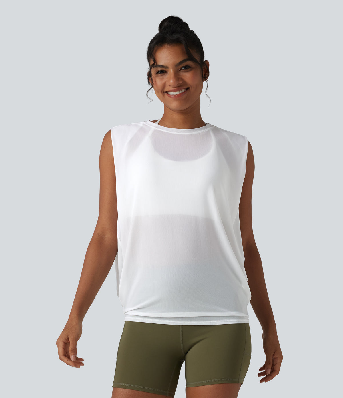 Sheer Mesh Round Neck Ruched Running Tank Top — White — view 3