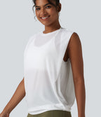 Sheer Mesh Round Neck Ruched Running Tank Top — White — view 1