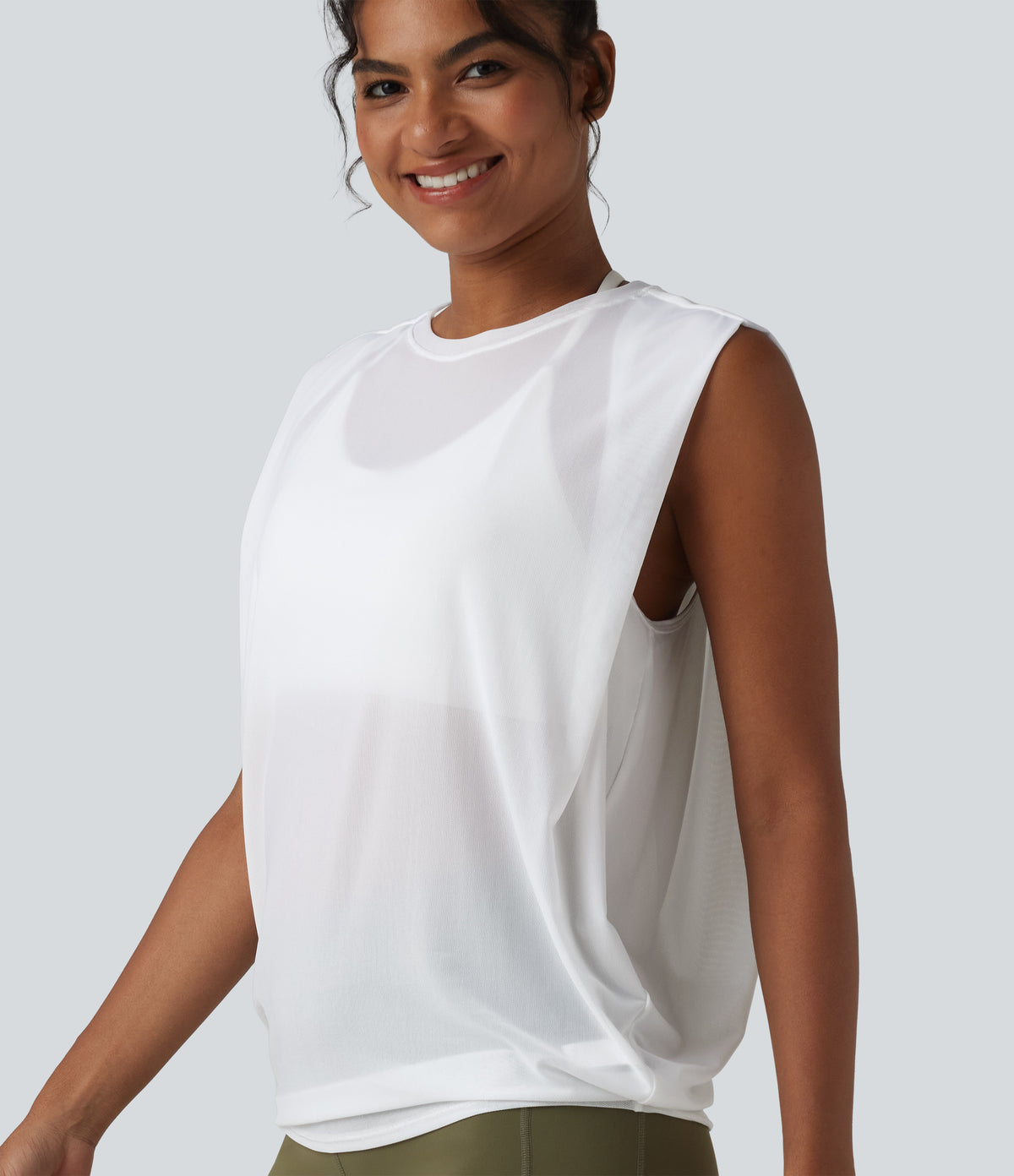 Sheer Mesh Round Neck Ruched Running Tank Top — White — view 1
