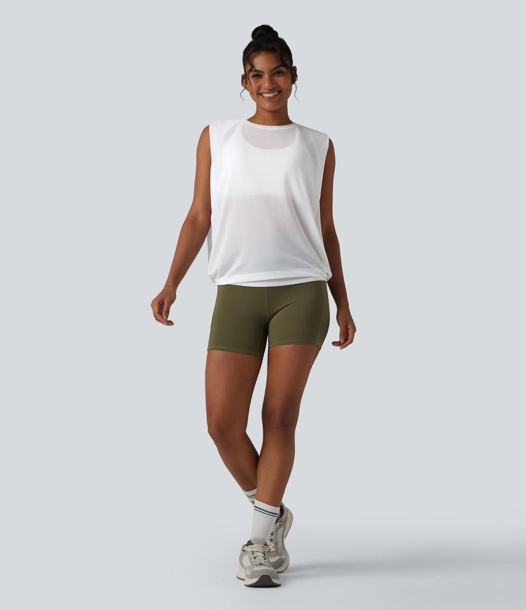 Sheer Mesh Round Neck Ruched Running Tank Top — White — view 5
