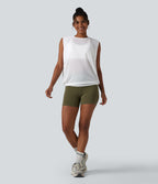 Sheer Mesh Round Neck Ruched Running Tank Top — White — view 5