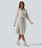 Ribbed Knit Long Sleeve Belted Midi Work Dress — Warm Grey Floral Velvet — view 9