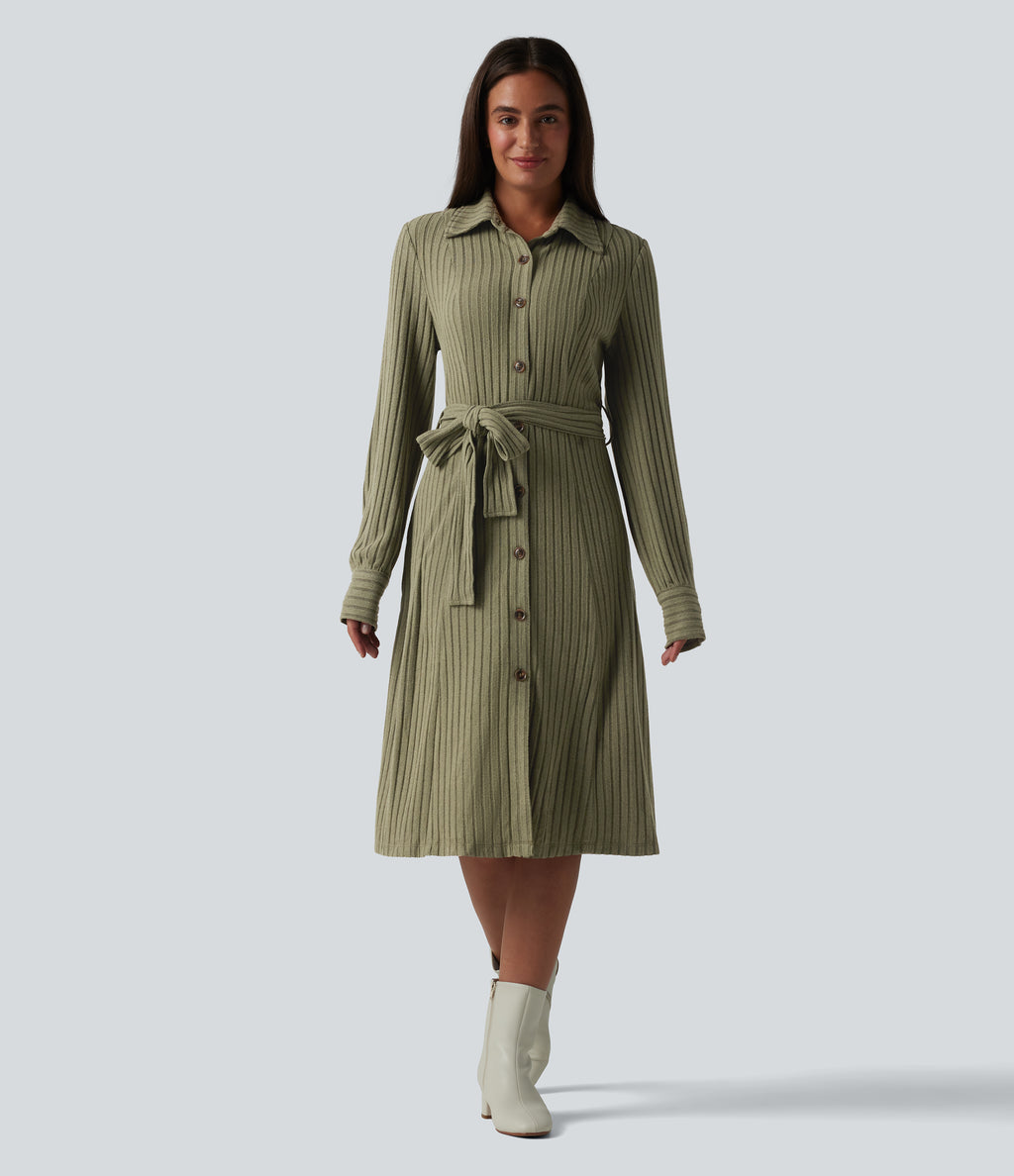 Ribbed Knit Long Sleeve Belted Midi Work Dress — Moss Green Floral Velvet — view 3