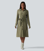 Ribbed Knit Long Sleeve Belted Midi Work Dress — Moss Green Floral Velvet — view 3