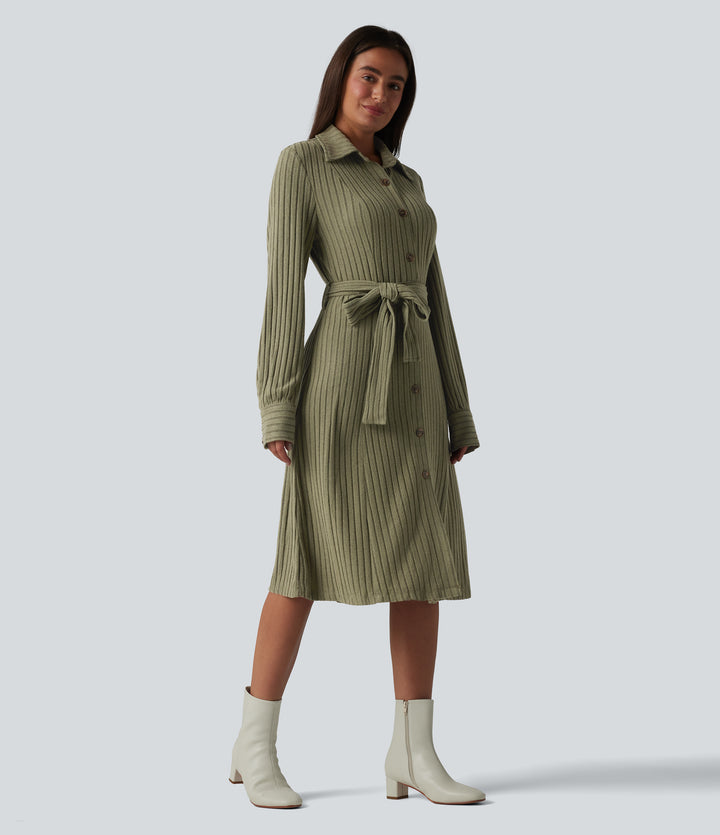 Ribbed Knit Long Sleeve Belted Midi Work Dress — Moss Green Floral Velvet — view 1