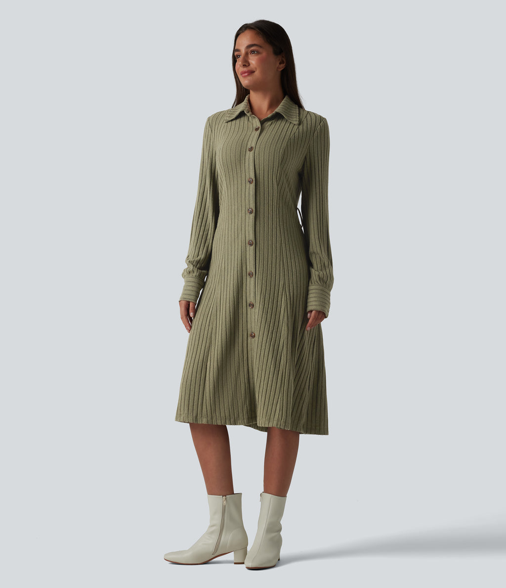 Ribbed Knit Long Sleeve Belted Midi Work Dress — Moss Green Floral Velvet — view 7