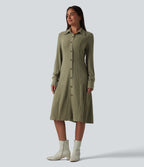 Ribbed Knit Long Sleeve Belted Midi Work Dress — Moss Green Floral Velvet — view 7