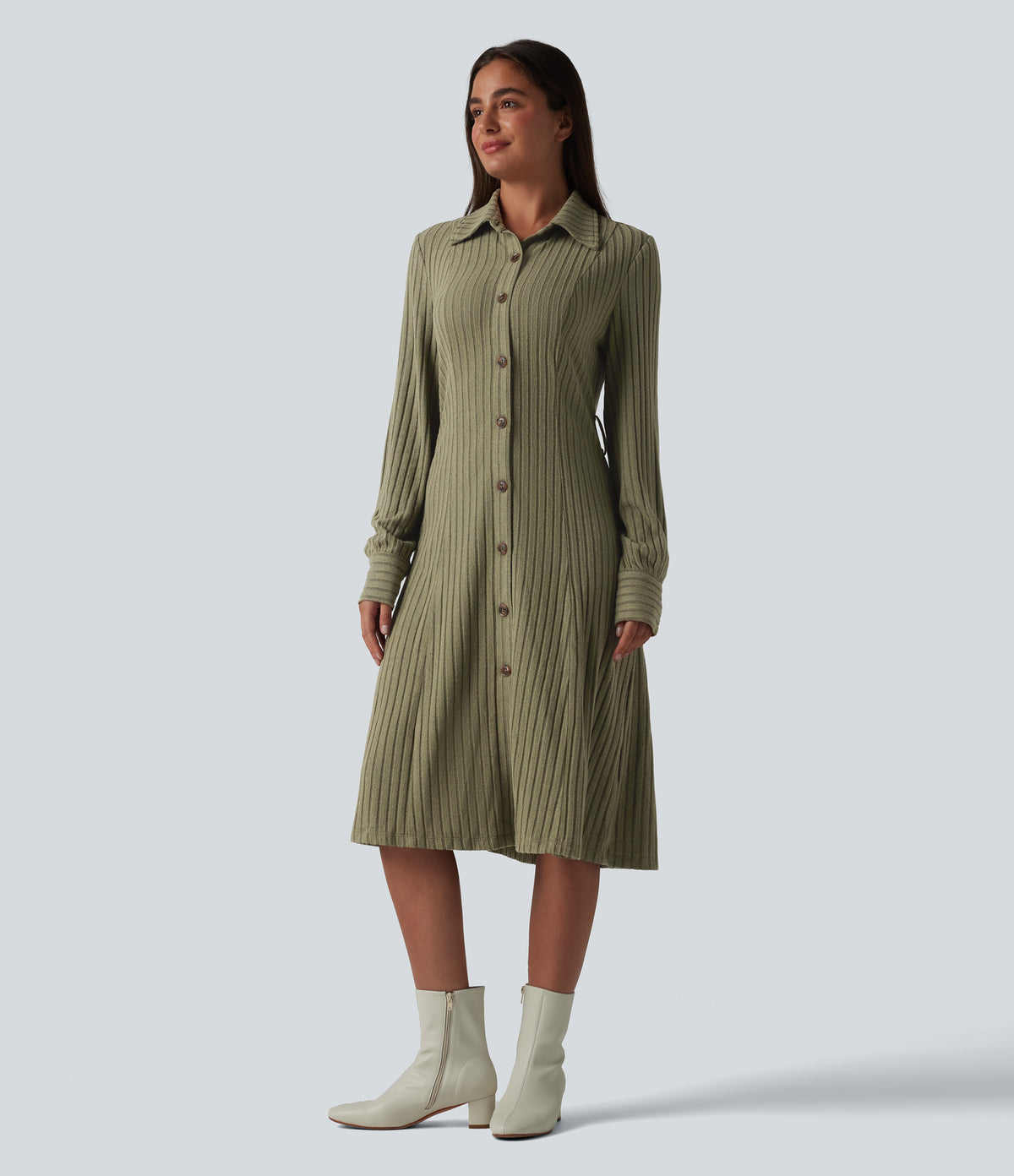 Ribbed Knit Long Sleeve Belted Midi Work Dress — Moss Green Floral Velvet — view 7