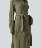 Ribbed Knit Long Sleeve Belted Midi Work Dress — Moss Green Floral Velvet — view 6