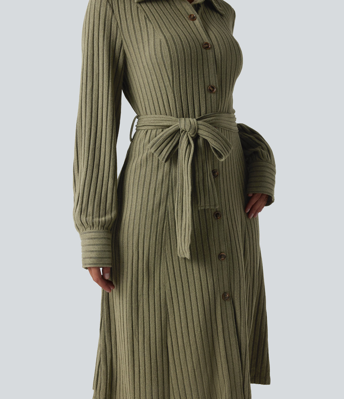 Ribbed Knit Long Sleeve Belted Midi Work Dress — Moss Green Floral Velvet — view 6