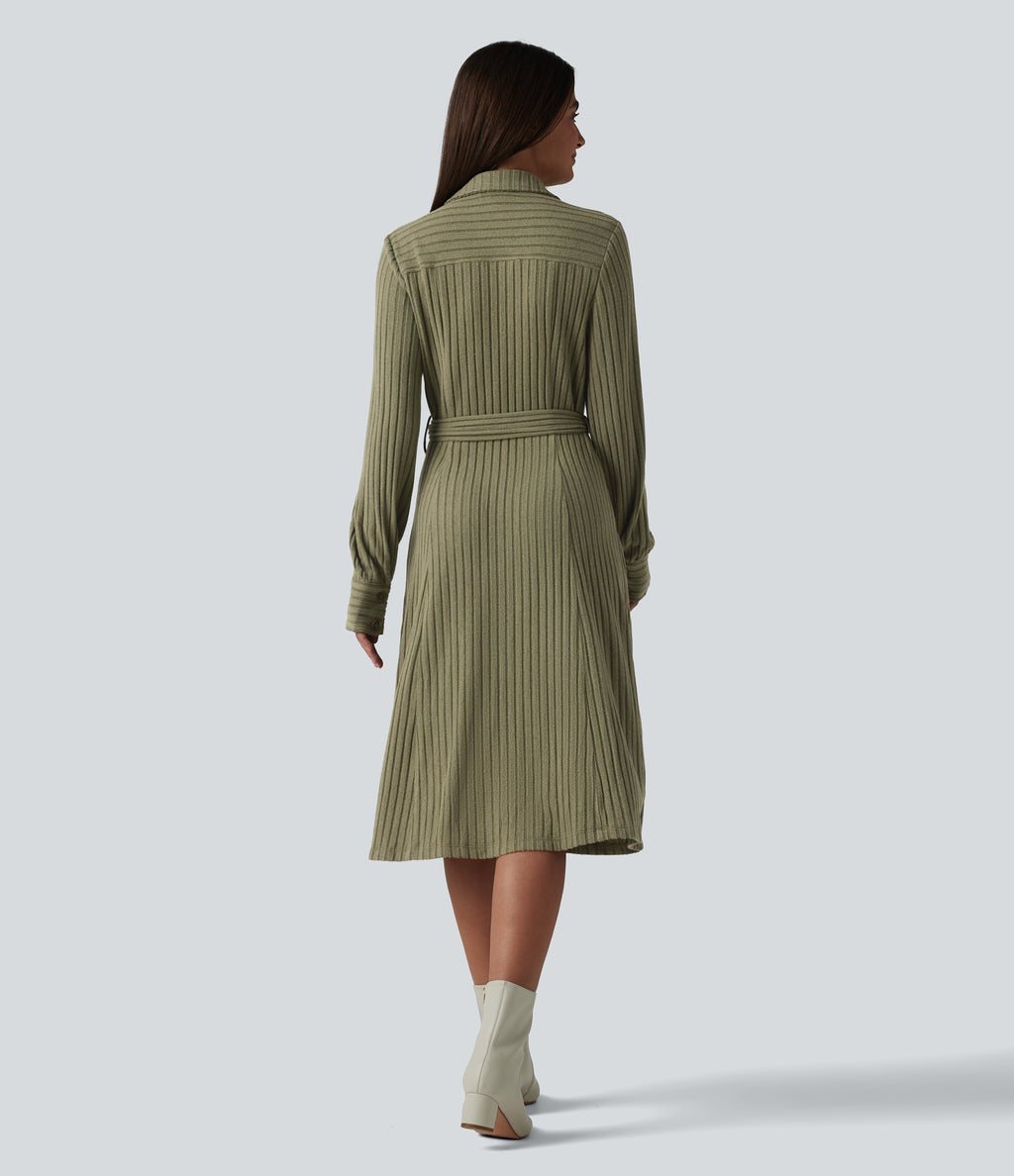 Ribbed Knit Long Sleeve Belted Midi Work Dress — Moss Green Floral Velvet — view 2