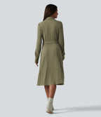 Ribbed Knit Long Sleeve Belted Midi Work Dress — Moss Green Floral Velvet — view 2