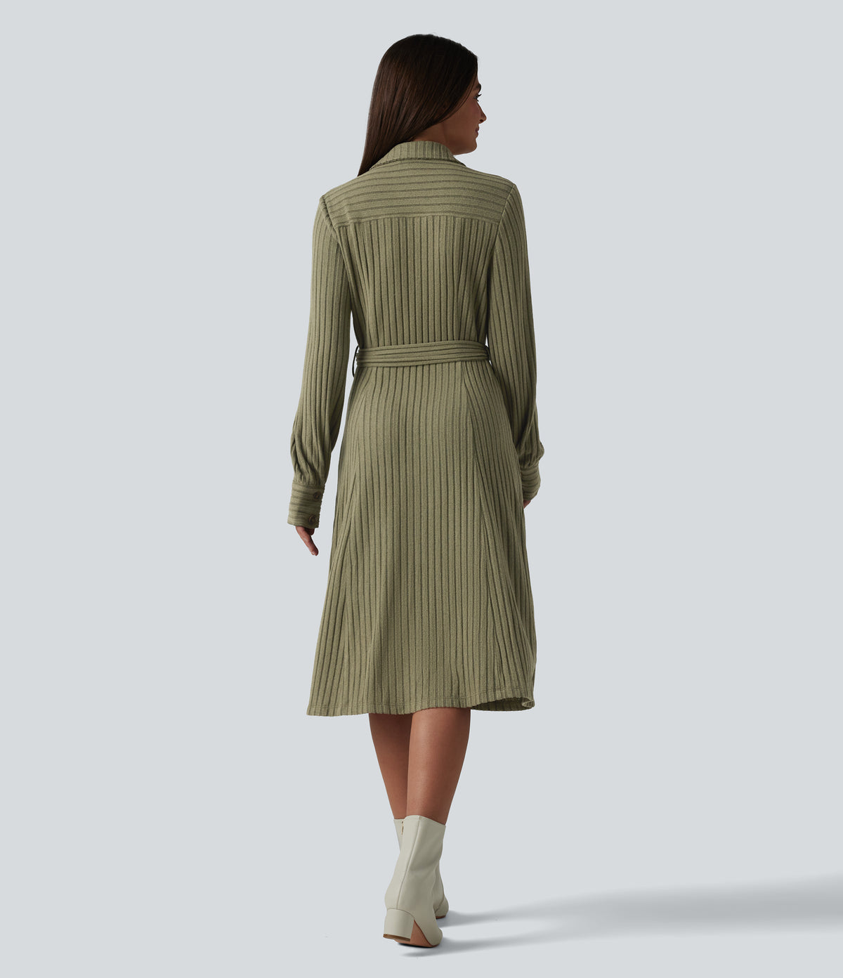 Ribbed Knit Long Sleeve Belted Midi Work Dress — Moss Green Floral Velvet — view 2