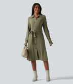 Ribbed Knit Long Sleeve Belted Midi Work Dress — Moss Green Floral Velvet — view 8