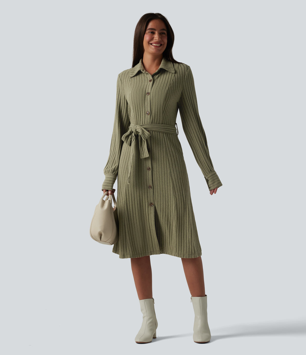 Ribbed Knit Long Sleeve Belted Midi Work Dress — Moss Green Floral Velvet — view 8