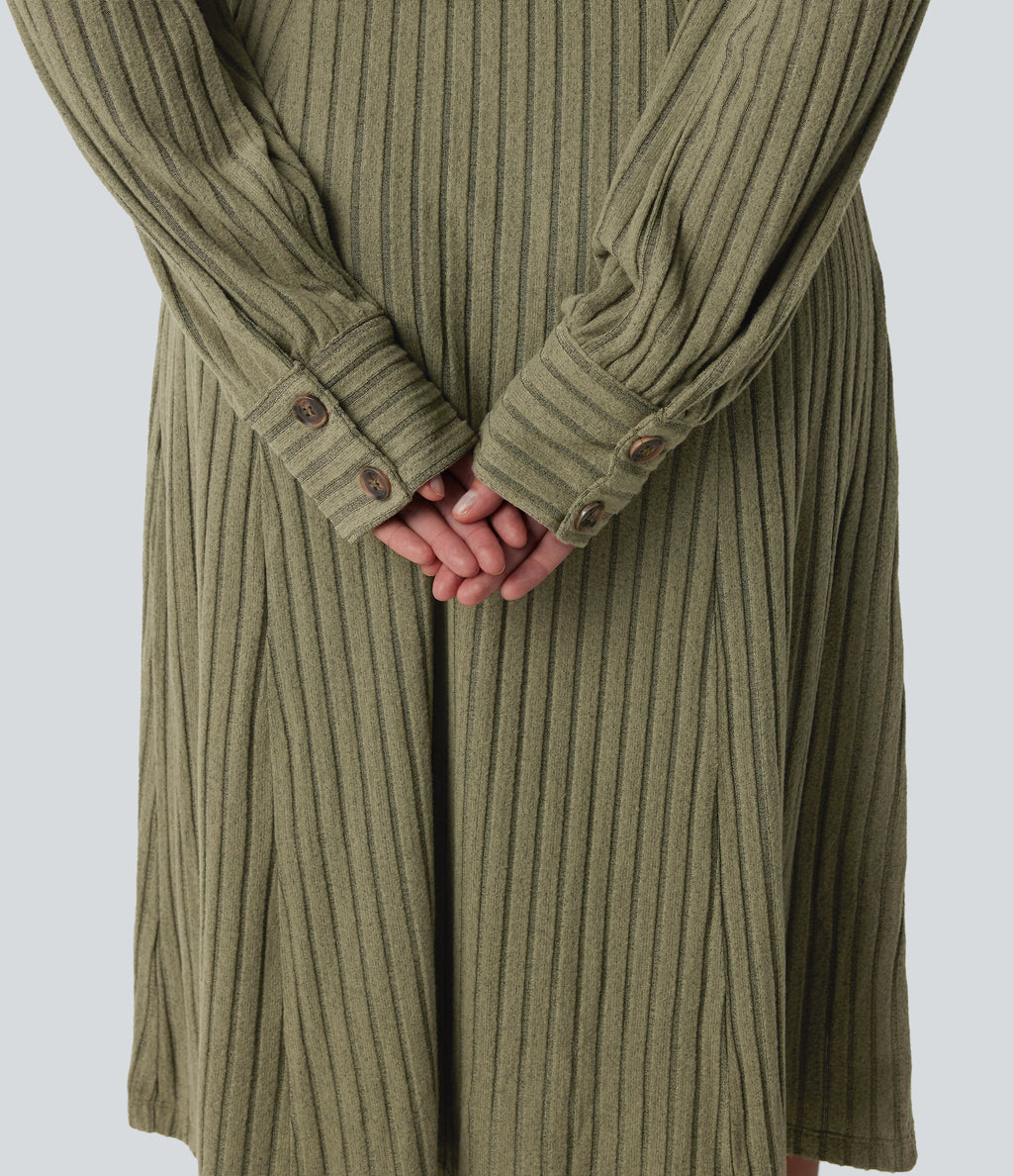 Ribbed Knit Long Sleeve Belted Midi Work Dress — Moss Green Floral Velvet — view 5