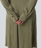 Ribbed Knit Long Sleeve Belted Midi Work Dress — Moss Green Floral Velvet — view 5