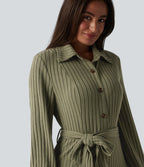Ribbed Knit Long Sleeve Belted Midi Work Dress — Moss Green Floral Velvet — view 4