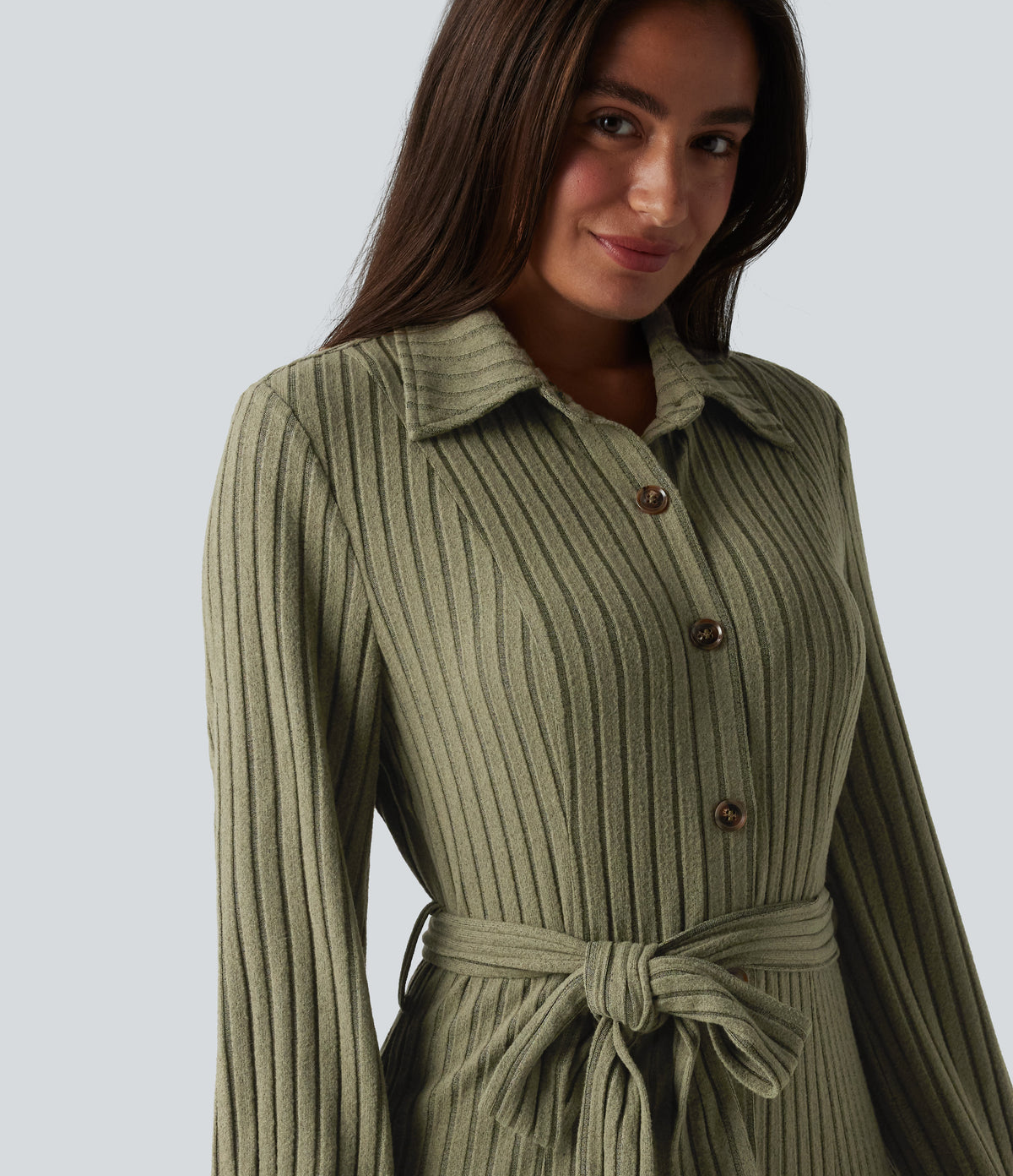 Ribbed Knit Long Sleeve Belted Midi Work Dress — Moss Green Floral Velvet — view 4