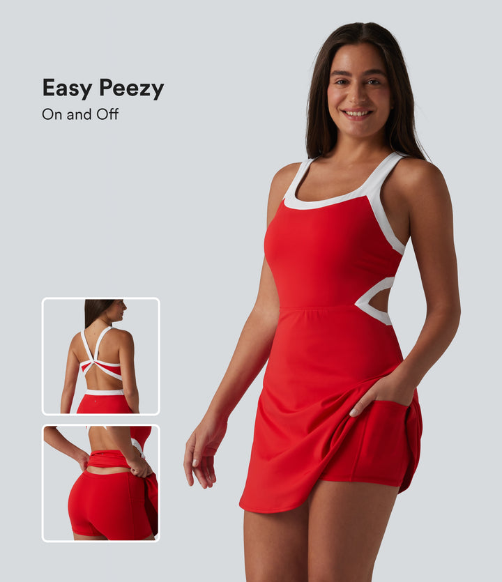 Airy Built-in Bra 2-in-1 Color Block InstantCool Mini Tennis Active Dress with Pockets-Edition — Mars Red — view 1