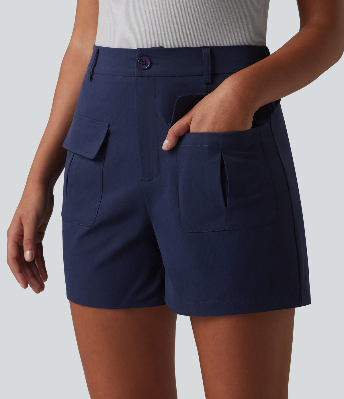 Mid Rise Stretchy Poplin Work Shorts 4'' with Pockets — Peacoat — view 4