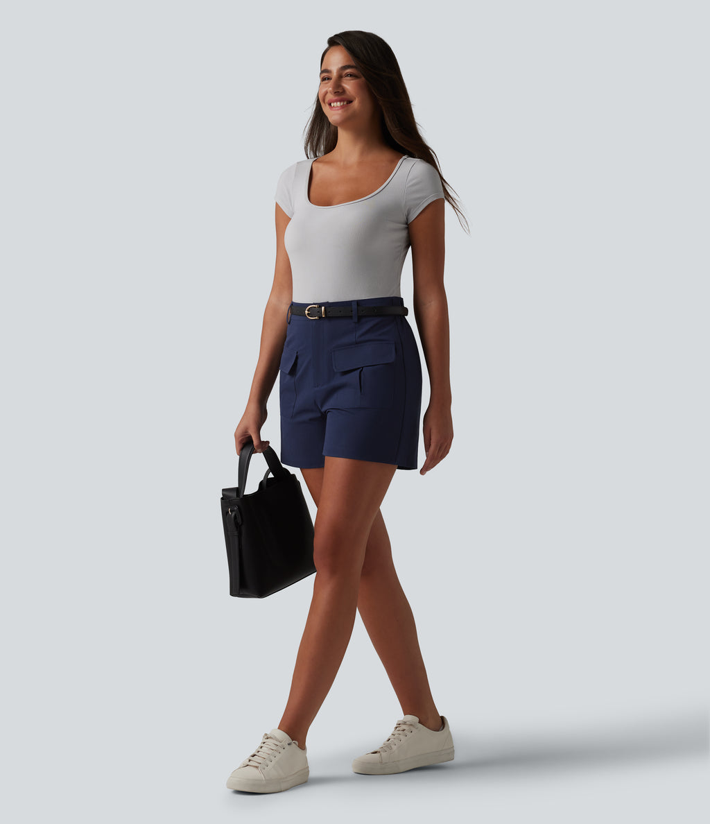 Mid Rise Stretchy Poplin Work Shorts 4'' with Pockets — Peacoat — view 5