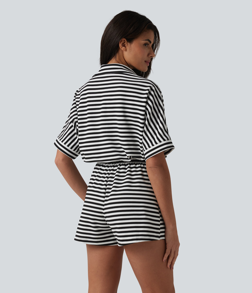 Half Sleeve Belted Stripe Waffle Casual Playsuit with Pockets-Edition — Black White Horizontal Stripe — view 2