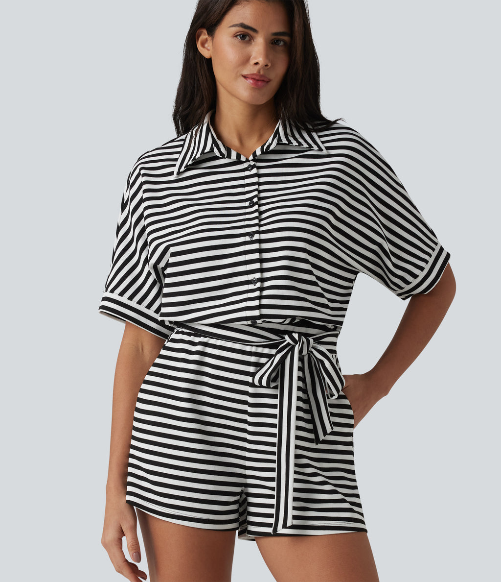 Half Sleeve Belted Stripe Waffle Casual Playsuit with Pockets-Edition — Black White Horizontal Stripe — view 6