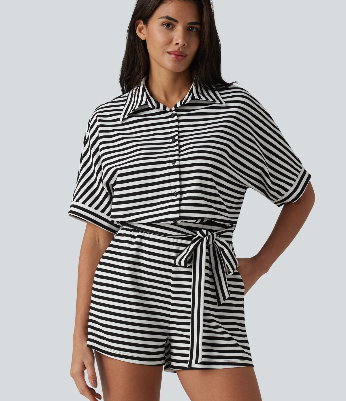 Half Sleeve Belted Stripe Waffle Casual Playsuit with Pockets-Edition — Black White Horizontal Stripe — view 6