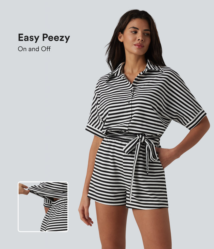 Half Sleeve Belted Stripe Waffle Casual Playsuit with Pockets-Edition — Black White Horizontal Stripe — view 1