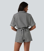 Half Sleeve Belted Stripe Waffle Casual Playsuit with Pockets-Edition — Black White Horizontal Stripe — view 3