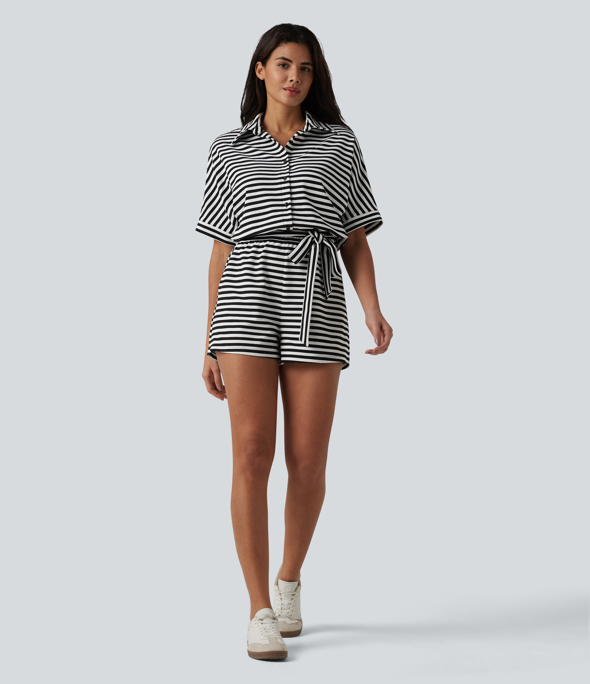 Half Sleeve Belted Stripe Waffle Casual Playsuit with Pockets-Edition — Black White Horizontal Stripe — view 7