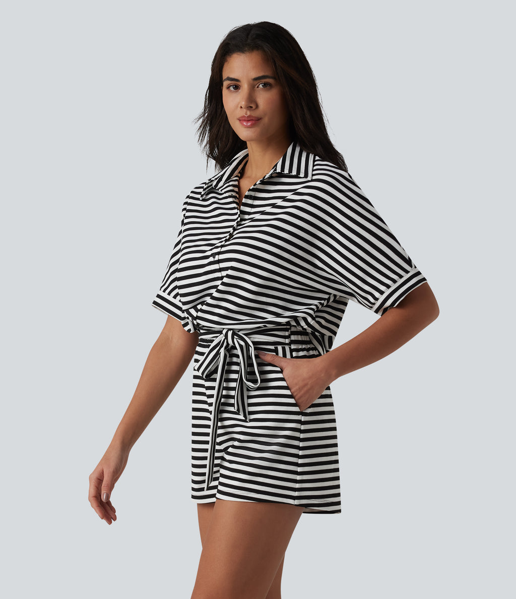 Half Sleeve Belted Stripe Waffle Casual Playsuit with Pockets-Edition — Black White Horizontal Stripe — view 4