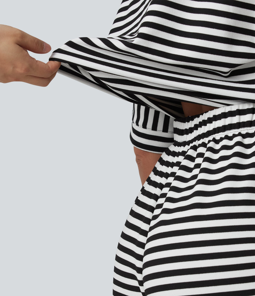 Half Sleeve Belted Stripe Waffle Casual Playsuit with Pockets-Edition — Black White Horizontal Stripe — view 5