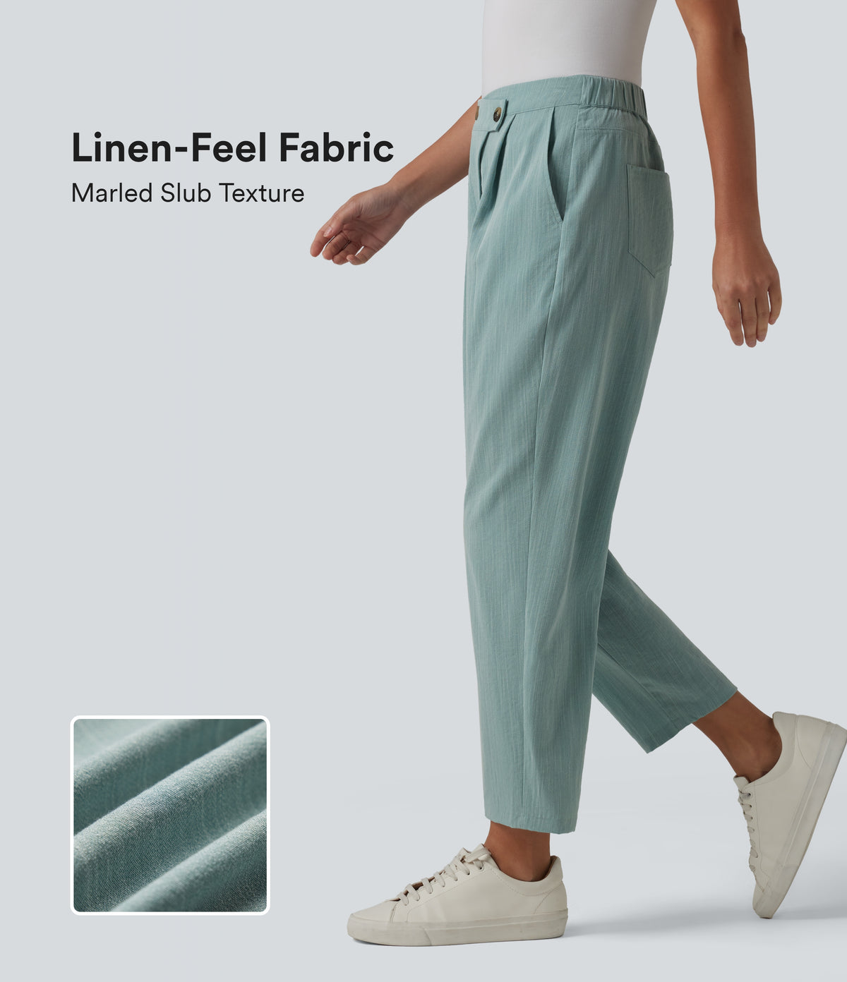 Asymmetric High Waisted Tapered Work Linen-Feel Trousers with Pockets — Silverwood Sage — view 1
