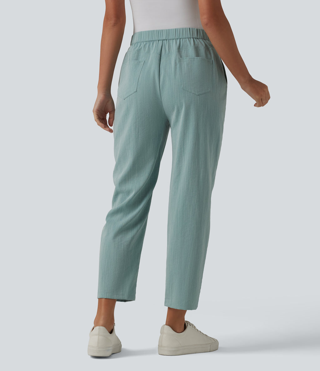 Asymmetric High Waisted Tapered Work Linen-Feel Trousers with Pockets — Silverwood Sage — view 2