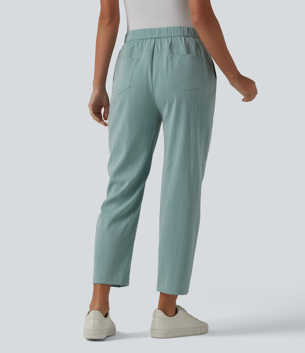 Asymmetric High Waisted Tapered Work Linen-Feel Trousers with Pockets — Silverwood Sage — view 2