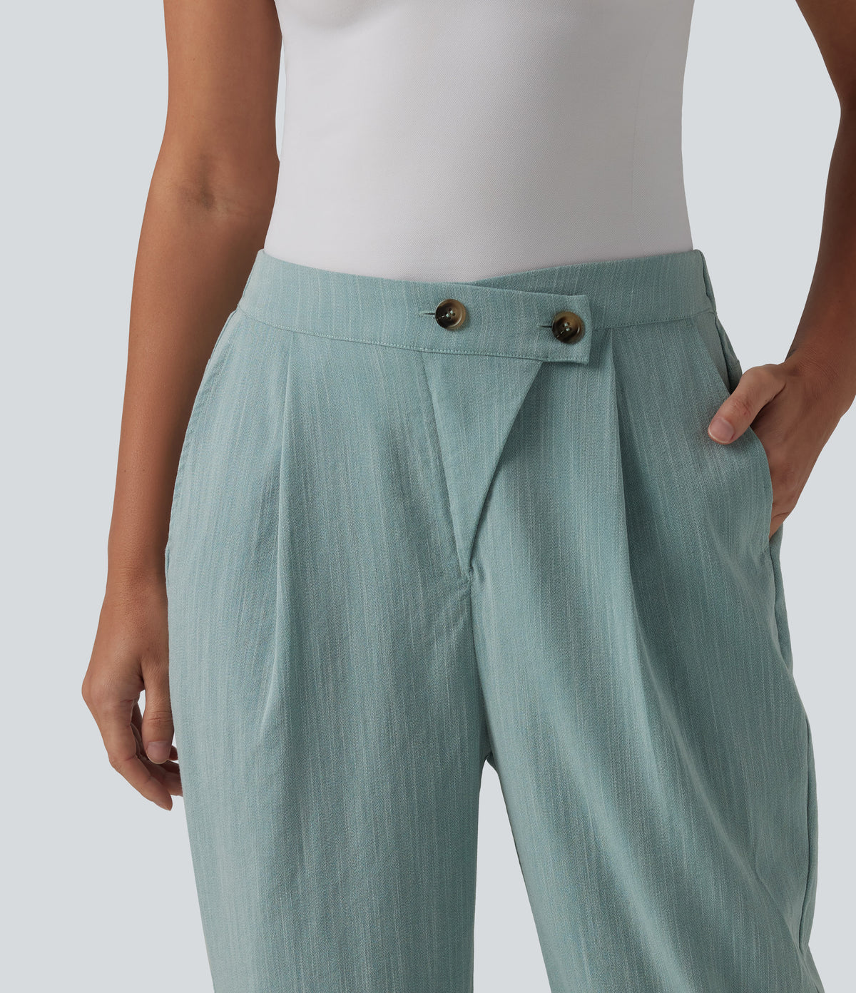 Asymmetric High Waisted Tapered Work Linen-Feel Trousers with Pockets — Silverwood Sage — view 4