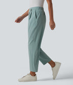 Asymmetric High Waisted Tapered Work Linen-Feel Trousers with Pockets — Silverwood Sage — view 3