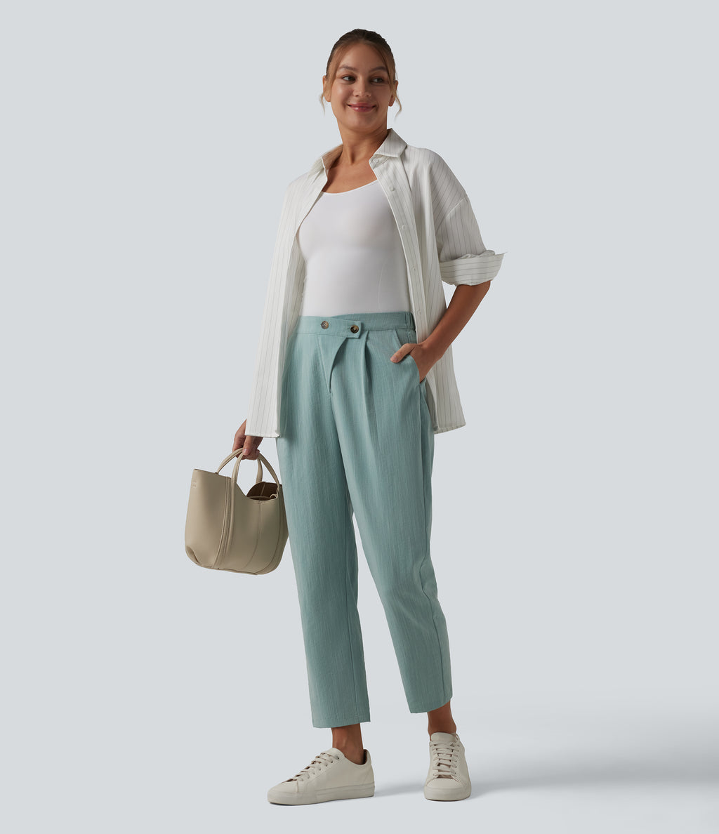Asymmetric High Waisted Tapered Work Linen-Feel Trousers with Pockets — Silverwood Sage — view 7