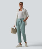Asymmetric High Waisted Tapered Work Linen-Feel Trousers with Pockets — Silverwood Sage — view 7