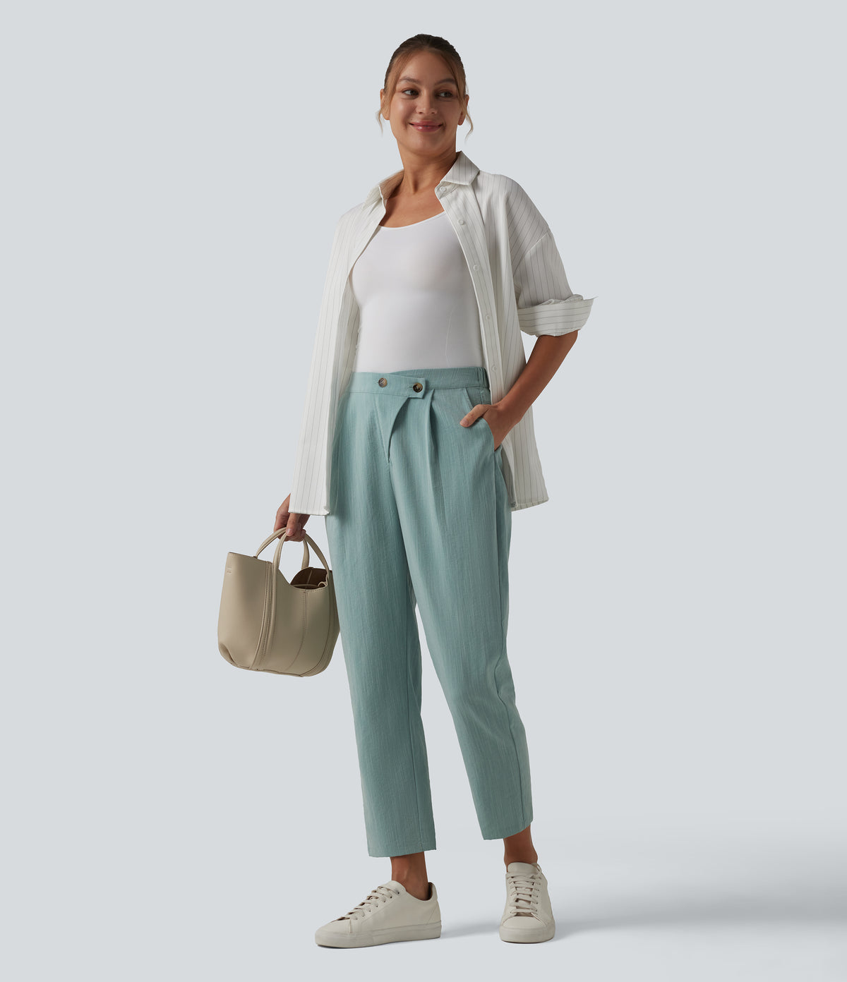 Asymmetric High Waisted Tapered Work Linen-Feel Trousers with Pockets — Silverwood Sage — view 7