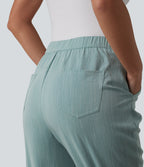 Asymmetric High Waisted Tapered Work Linen-Feel Trousers with Pockets — Silverwood Sage — view 6