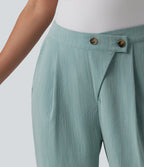 Asymmetric High Waisted Tapered Work Linen-Feel Trousers with Pockets — Silverwood Sage — view 5