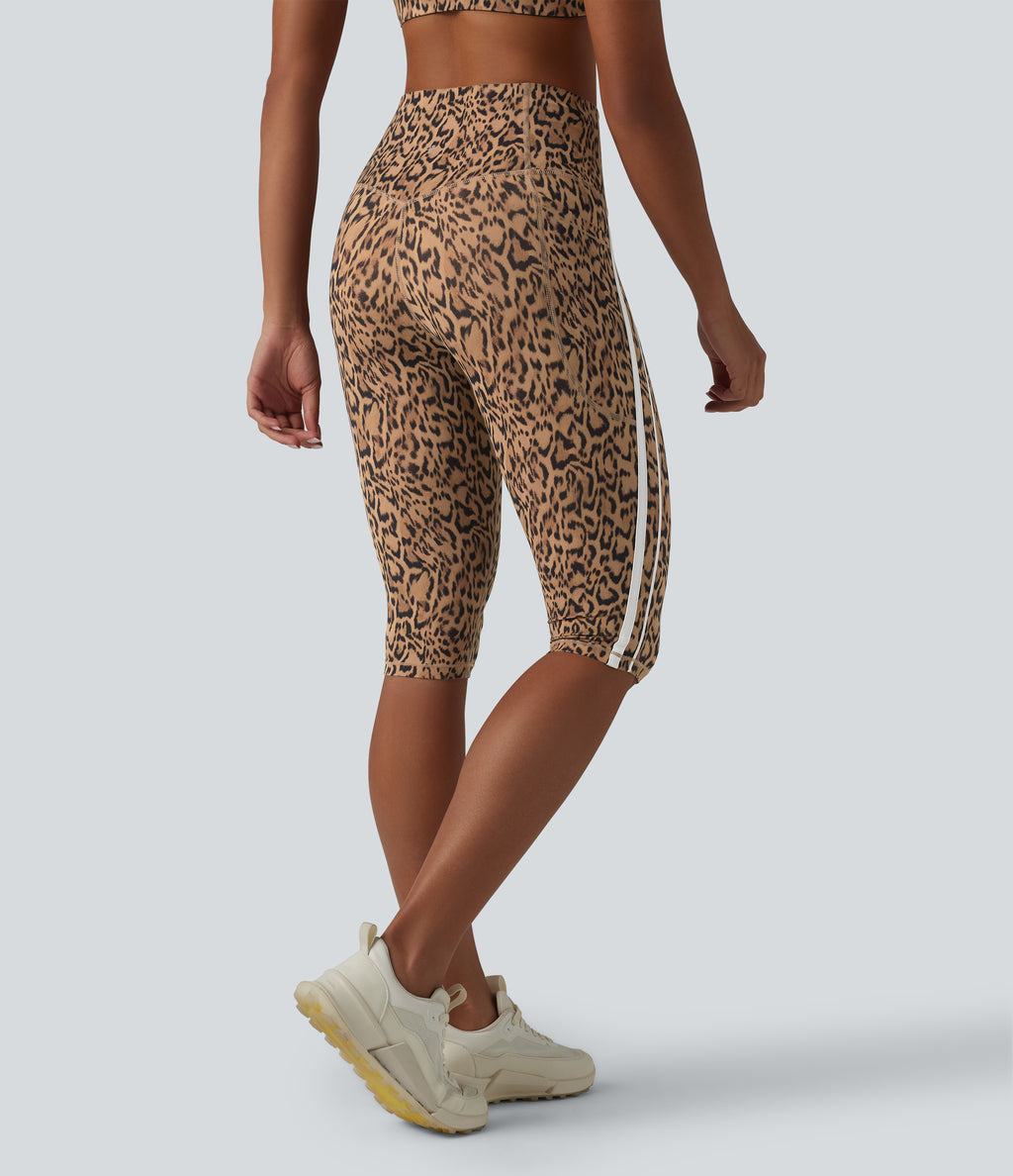 Leopard Print High Waisted Tummy Control Color Block Stripe Pedal Pusher Training Leggings with Pockets — Tan Leopard — view 2