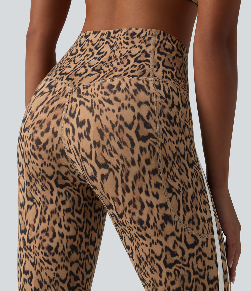 Leopard Print High Waisted Tummy Control Color Block Stripe Pedal Pusher Training Leggings with Pockets — Tan Leopard — view 5