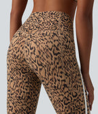Leopard Print High Waisted Tummy Control Color Block Stripe Pedal Pusher Training Leggings with Pockets — Tan Leopard — view 5
