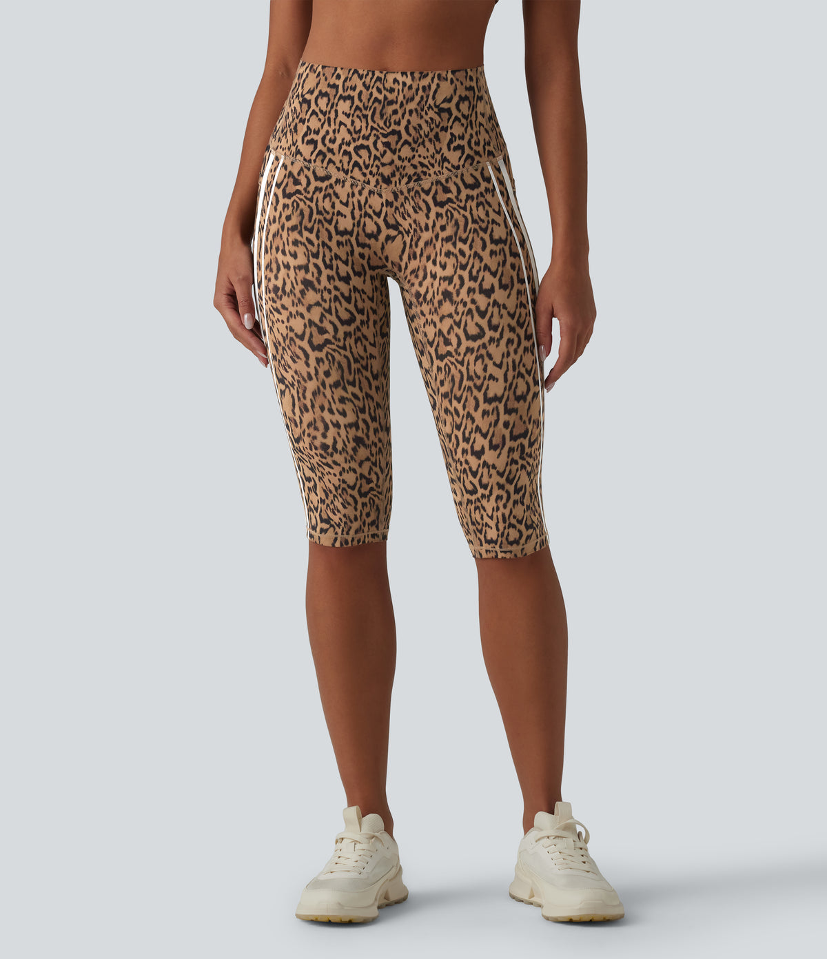 Leopard Print High Waisted Tummy Control Color Block Stripe Pedal Pusher Training Leggings with Pockets — Tan Leopard — view 3