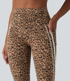 Leopard Print High Waisted Tummy Control Color Block Stripe Pedal Pusher Training Leggings with Pockets — Tan Leopard — view 6